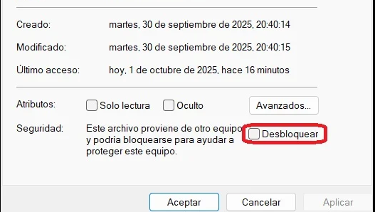 Propiedades de Windows: desbloquear el instalador